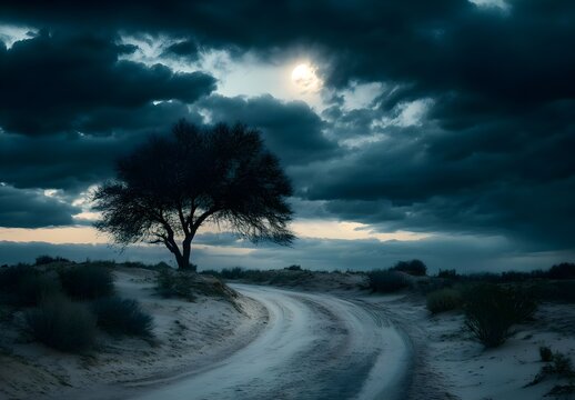 Lonely Tree on a Sandy Road Under a Dramatic Sky