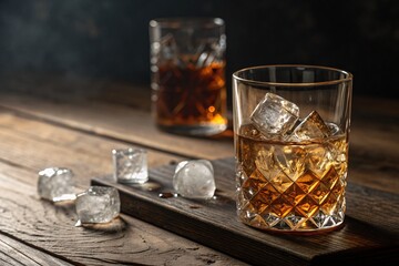 Whiskey on ice in crystal glasses on wooden bar