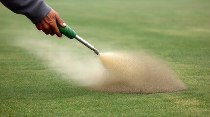 Hand using spray tool to apply sand on green grass surface in lawn care maintenance process