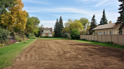 Obraz premium Serene and Spacious Outdoor Landscape Featuring Newly Turned Soil and Lush Greenery Beside Charming Homes