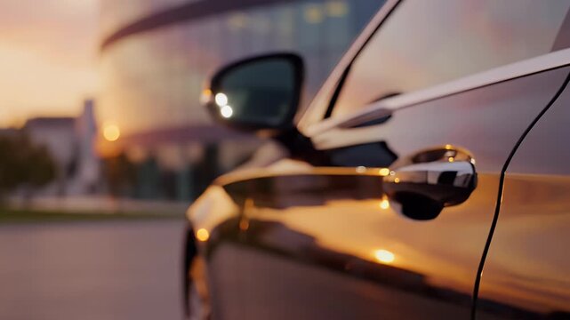 Hand holding car key near vehicle door at sunset