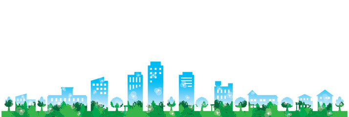 Fototapeta premium 緑豊かな街並みを描いた可愛らしくポップなイラスト.