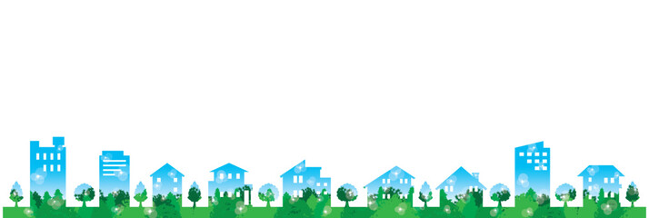 緑豊かな街並みを描いた可愛らしくポップなイラスト. © keko-ka