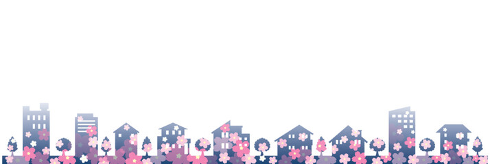 桜の季節の街並みを描いたポップで可愛いイラスト. © keko-ka