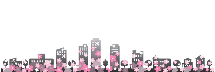 桜の季節の街並みを描いたポップで可愛いイラスト. © keko-ka