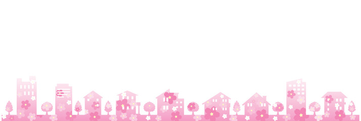 桜の季節の街並みを描いたポップで可愛いイラスト. © keko-ka