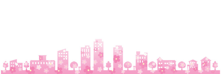 桜の季節の街並みを描いたポップで可愛いイラスト. © keko-ka