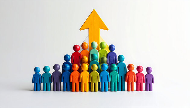 Colorful group of figurines with a rising arrow representing growth and progress