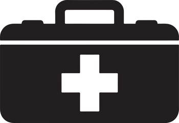 Fototapeta premium A clean, black and white vector icon of a medical first aid kit briefcase featuring a prominent cross symbol, representing emergency healthcare and medical supplies.