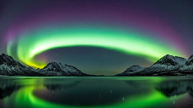 Aurora borealis graces a snow-capped mountain landscape reflected in calm, glassy waters