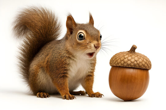 ute Squirrel Amazed by Giant Acorn Isolated on White
