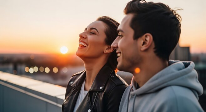 Happy young couple laughing on urban rooftop at sunset, romantic date night in city