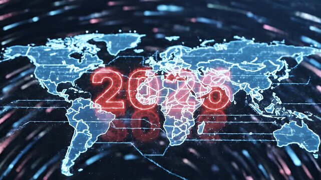 Glowing red numbers "2026" hover over a digital world map with abstract motion blur effects