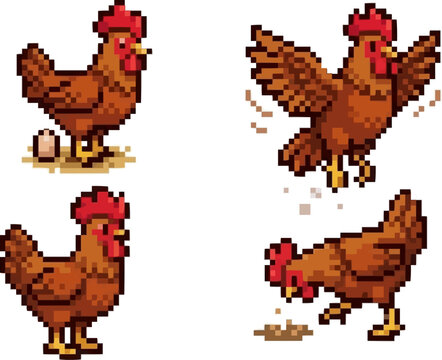 pixel art of a brown hen with a red comb displaying actions like laying an egg and pecking for food.