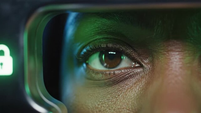 Close-up of a man's eye reflected in a screen with a green glow.