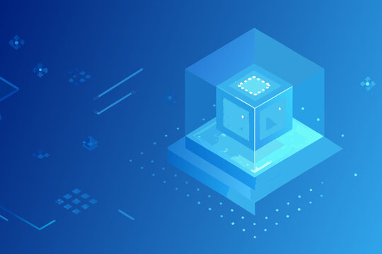 Abstract isometric representation of a data cube with glowing connections