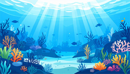 A vibrant underwater ocean scene with coral reef and fish on transparent background © MDSUJON