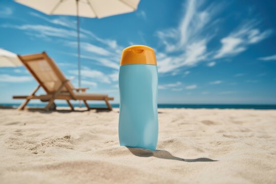Light blue sunscreen bottle on sandy beach with lounge chair and umbrella orange cap