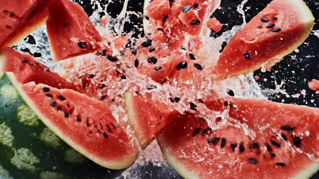 A sharp blade slices through a wet watermelon, creating a splash