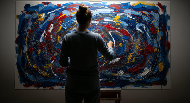 artist painting abstract colorful canvas