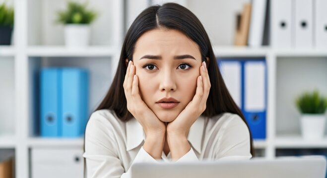 Stressed Asian Woman Experiencing Imposter Syndrome at Office Desk