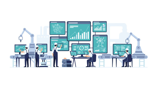 Multiple workers in hard hats and overalls operate computers and robotic arms on an assembly line, monitoring data dashboards.