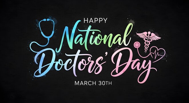 National doctors day greeting card with stethoscope and caduceus on black background
