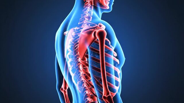 3D render of human skeletal system with glowing bones inside transparent body on dark blue background