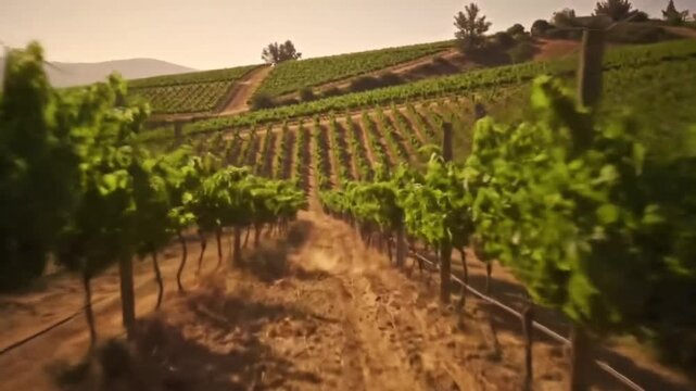 Vineyard rows on rolling hills landscape.