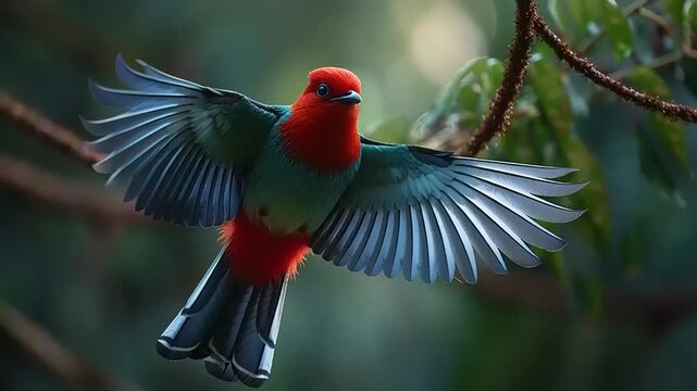 Vibrant red headed trogon lands softly on a tree branch in a lush forest environment