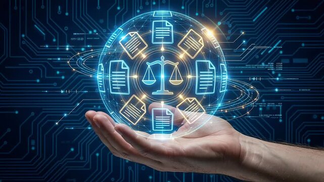 Business global compliance legal requirements policy regulatory concept digital hand holding glowing hologram sphere scales justice symbol document icons law regulation futuristic technology