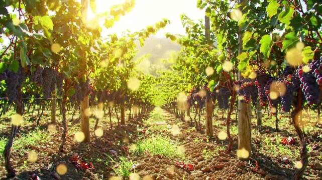 Vineyard rows with green leaves sunlight.