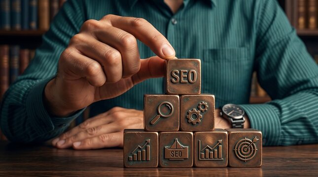 Man building tower with wooden blocks labeled s e o and search engine optimization symbols