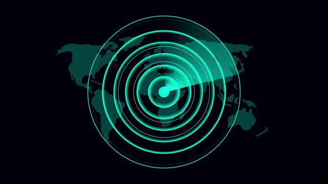 Abstract radar screen animation with world map background. Radar point dictated to the enemy position. Detailing Military ship or aircraft radar showing scan results, multiple targets detected.