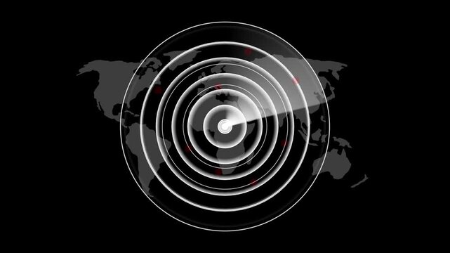 Abstract radar screen animation with world map background. Radar point dictated to the enemy position. Detailing Military ship or aircraft radar showing scan results, multiple targets detected.