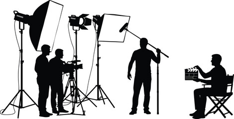 Film production crew silhouettes with camera operator, lighting equipment, boom microphone and director clapperboard, movie studio shooting scene vector illustration set © Ziyarul
