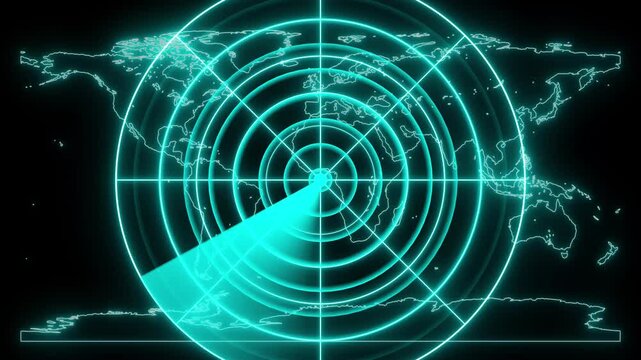 Digital technology radar screen animated. Glowing neon Cyan color radar screen on black background. Radar point dictated to the enemy position. HUD call radar screen.