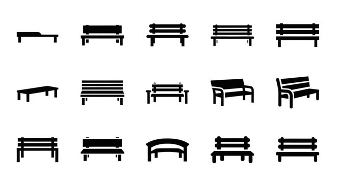 Bench, park bench, outdoor furniture, black icons, vector set of 16