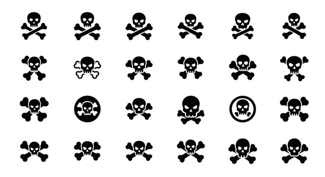 Skull and crossbones icons, black skull symbols, poison warning signs, vector graphics