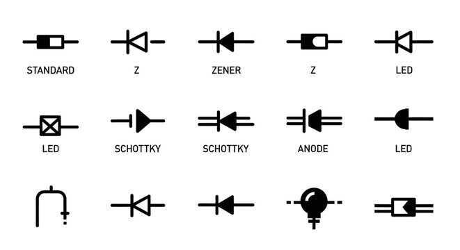 Electronic Diode, Semiconductor, Circuit Symbols, Vector Icons, 20 Elements