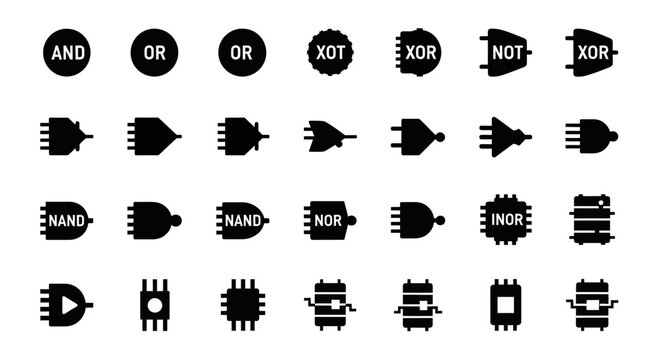 Logical Operator Icons, Boolean Symbols, Circuit Board Elements, Black Vector Set