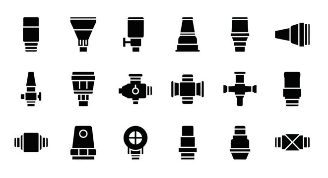 Collection of camera and lens icons depicted in a grid layout, various shapes and designs, digital illustration, simple background, top view