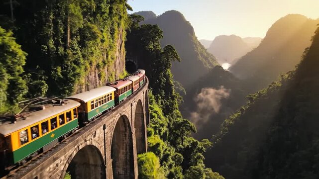 Breathtaking cinematic slow motion of a vintage railway locomotive traveling through lush green mountain on the scenic Serra Verde Express route between Curitiba and Morretes in Brazil.