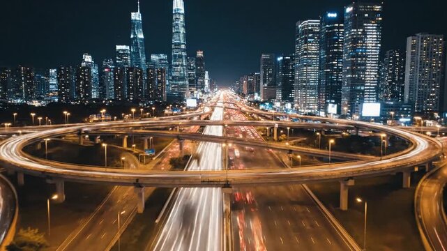 Cinematic aerial view of an interwoven urban highway at night featuring flowing car traffic with vibrant glowing lights across a vast modern metropolitan transportation infrastructure network.