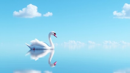 Obraz premium A white swan floating on calm water with a clear blue sky and cloud reflections