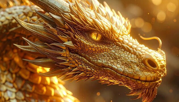 Golden Dragon Close-Up - Majestic Fantasy Creature with Glowing Eyes.