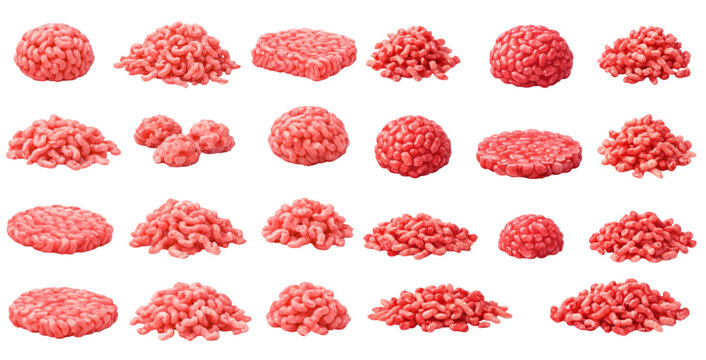 A charming watercolor collection of raw ground beef featuring minced meat portions and patties illustrated in a detailed culinary food style.