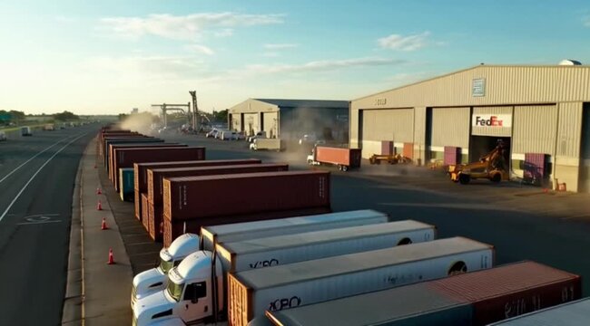 Aerial View of FedEx Logistics Warehouse with Cargo Trucks and Shipping Containers Industrial Freight Transportation Scene 4K HD Ultra Video