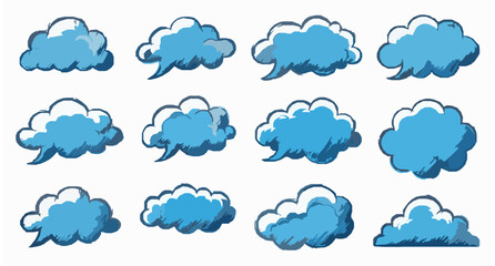Fototapeta premium Simple hand drawn cloud set vector blue sketch clouds and speech bubble shapes