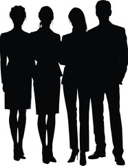 Business Team Silhouette of Four Professionals Standing Together, Black Isolated Figures on White Background Representing Corporate Unity, Leadership, Teamwork and Collaboration Concept